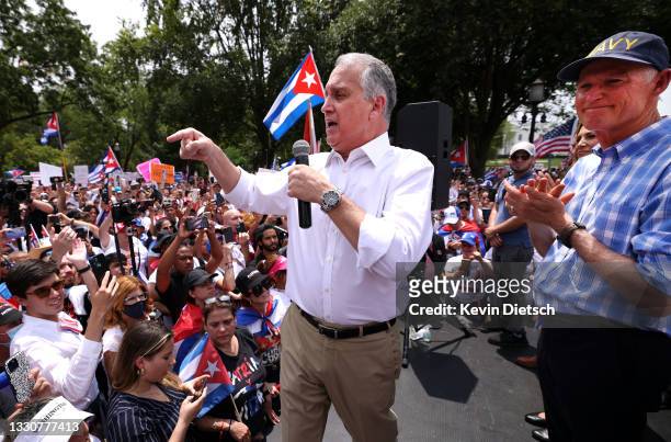 Rep. Mario Díaz-Balart speaks alongside Sen. Rick Scott as he addresses a Cuban freedom rally near the White House on July 26, 2021 in Washington,...