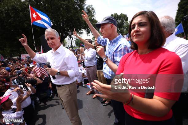 Rep. Mario Díaz-Balart , Sen. Rick Scott and Rep. Nicole Malliotakis speak at a Cuban freedom rally near the White House on July 26, 2021 in...
