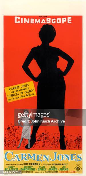 Movie poster advertises the Italian release of 'Carmen Jones,' directed by Otto Preminger and starring Harry Belafonte and Dorothy Dandridge, 1954.