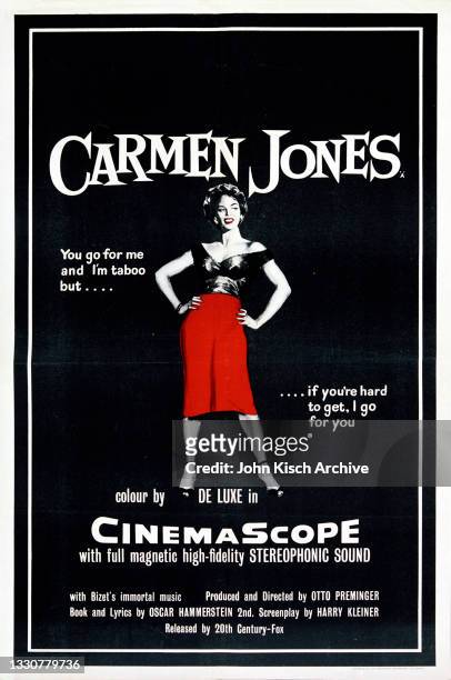Movie poster advertises the British release of 'Carmen Jones,' starring Dorothy Dandridge, Harry Belafonte, Pearl Bailey, Diahann Carroll, and Brock...
