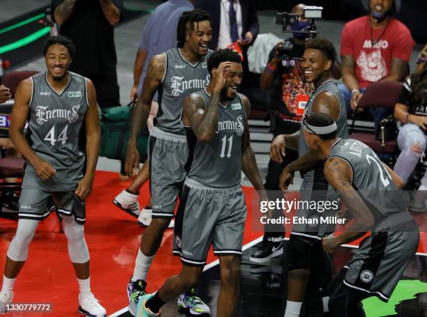 Elijah Stewart, Jordan Hill, Perry Jones III, Nick Young and Isaiah Austin of Enemies celebrate after Jones hit a game-winning 4-point shot against...