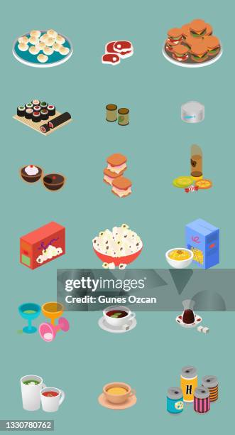 stockillustraties, clipart, cartoons en iconen met isometric food and drink icon set of 18 - macaroni en kaas