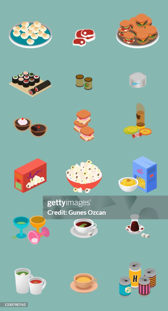 Isometric Food and Drink Icon Set of 18