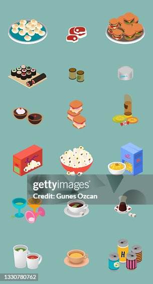 Isometric Food and Drink Icon Set of 18 Isometric Food and Drink Icon Set of 18