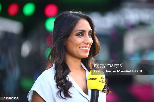 Presenter Isa Guha during The Hundred match between Oval Invincibles Women and Manchester Originals Women at The Kia Oval on July 21, 2021 in London,...