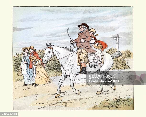 ilustraciones, imágenes clip art, dibujos animados e iconos de stock de tradicional inglés vivero rima, un granjero fue a trotar sobre su yegua gris - canción infantil