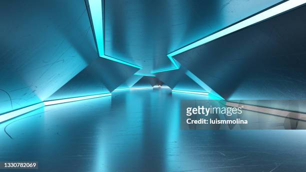 túnel futurista con luces de neón - empty hall fotografías e imágenes de stock