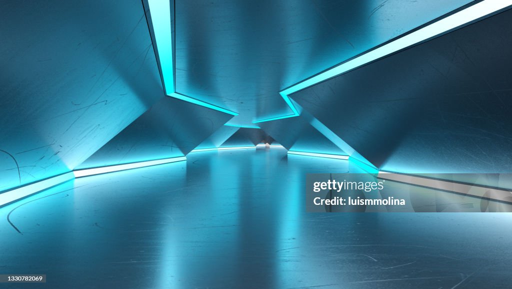ネオンライトを使った未来的なトンネル