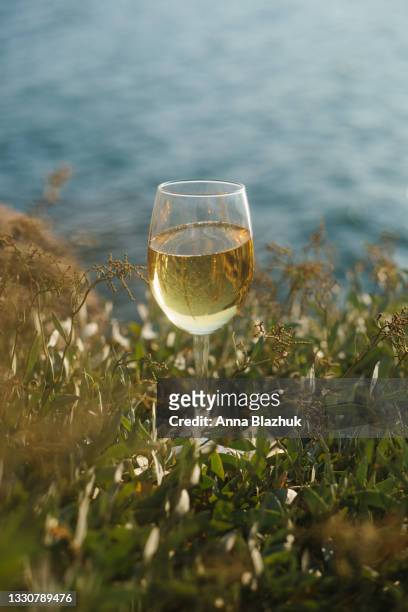 summer picnic by sea. glass of white wine, blurred blue sea water background. - chardonnay grape stock pictures, royalty-free photos & images