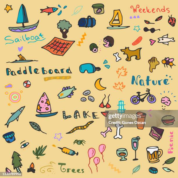 hand drawn leisure activity, summer, nature, lake doodles with hand drawn lettering - funny nature objects background pattern - pets background stock illustrations