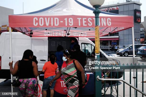 Covid-19 testing site stands along a street on July 26, 2021 in the Brooklyn borough of New York City. Due to the rapidly spreading Delta variant,...