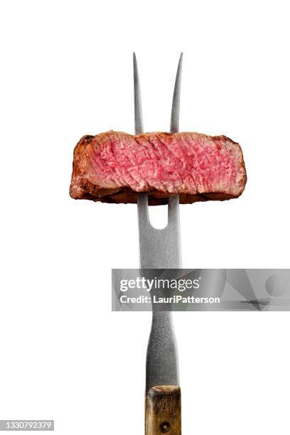 perfect mediom rare top sirlion steak - vork stockfoto's en -beelden