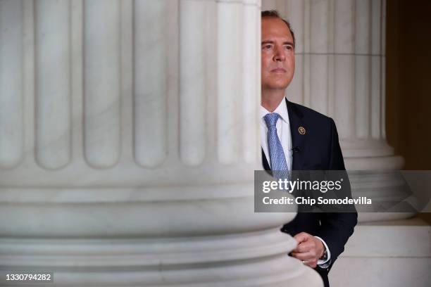 Rep. Adam Schiff gives a television interview in the Cannon House Office Building on July 26, 2021 in Washington, DC. Schiff is a member of the House...