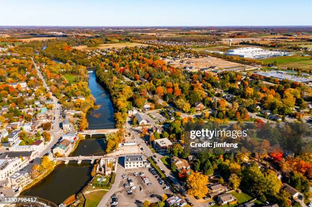 aerial grand river view and townscape, elora, canada - rural ontario canada stock pictures, royalty-free photos & images