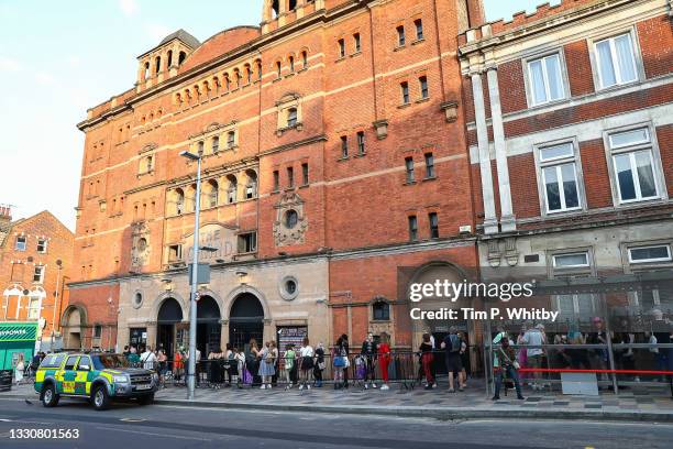 Ticket holders queue outside as The Clapham Grand Welcomes Audience Members At Full Capacity As Live Performance Returns on July 26, 2021 in London,...