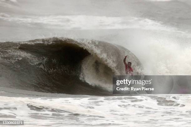 Michel Bourez of Team France surfs during the men's Quarter Final on day four of the Tokyo 2020 Olympic Games at Tsurigasaki Surfing Beach on July...