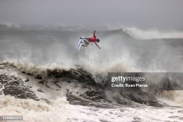 Michel Bourez of Team France surfs during the men's Quarter Final on day four of the Tokyo 2020 Olympic Games at Tsurigasaki Surfing Beach on July...