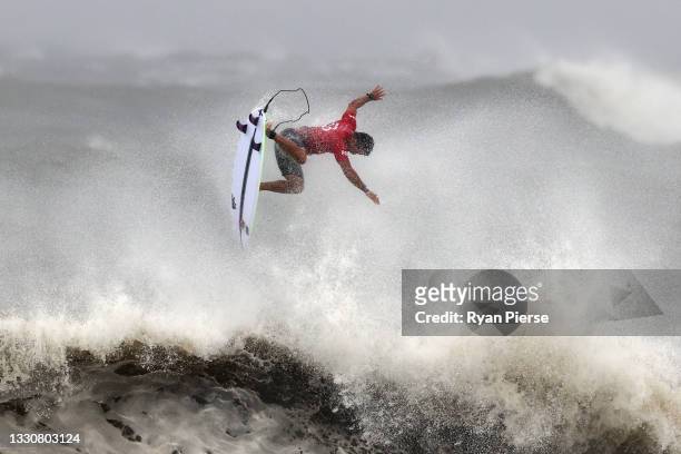 Michel Bourez of Team France surfs during the men's Quarter Final on day four of the Tokyo 2020 Olympic Games at Tsurigasaki Surfing Beach on July...