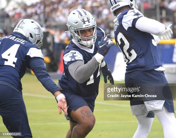Linebacker Micah Parsons of the Dallas Cowboys participates in drills during training camp at River Ridge Complex on July 24, 2021 in Oxnard,...