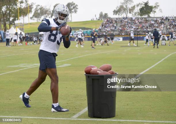 Wide receiver Brennan Eagles of the Dallas Cowboys participates in drills during training camp at River Ridge Complex on July 24, 2021 in Oxnard,...