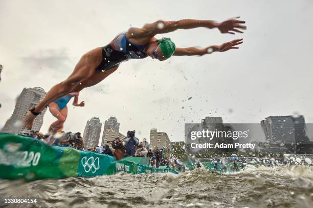 Cassandre Beaugrand of Team France dives into the water during the Women's Individual Triathlon on day four of the Tokyo 2020 Olympic Games at Odaiba...