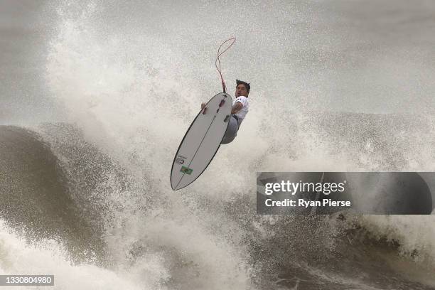 Gabriel Medina of Team Brazil pulls a priority blocking move on Michel Bourez of Team France during their men's Quarter Final on day four of the...