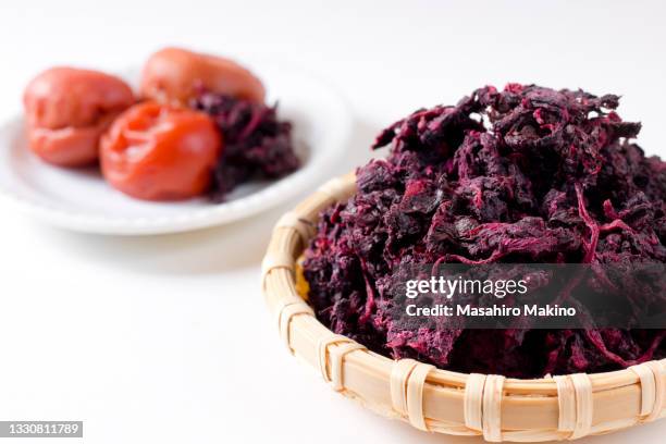 pickled shiso, perilla frutescens and umeboshi - prunus mume fotografías e imágenes de stock