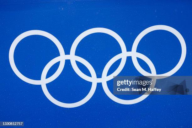 Close up view of the Olympic logo prior to the match between Team United States and Team Spain during the Women's Preliminary - Pool B beach...