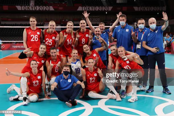 Team ROC celebrates after defeating Team Argentina during the Women's Preliminary - Pool B volleyball on day four of the Tokyo 2020 Olympic Games at...