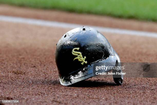 The helmet of Jose Abreu of the Chicago White Sox against the Milwaukee Brewers at American Family Field on July 25, 2021 in Milwaukee, Wisconsin....