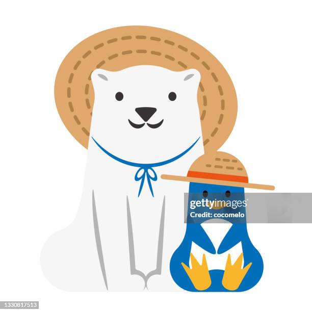 polar bear and penguin in a straw hat. - bear white background stock illustrations