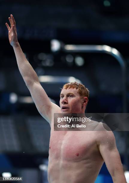 Tom Dean of Team Great Britain reacts after winning the gold medal in Men's 200m Freestyle Final on day four of the Tokyo 2020 Olympic Games at Tokyo...