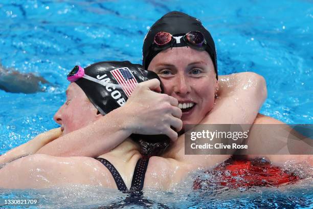 Lydia Jacoby of Team United States and Lilly King of Team United States celebrate after winning the gold and bronze medals respectively in the...