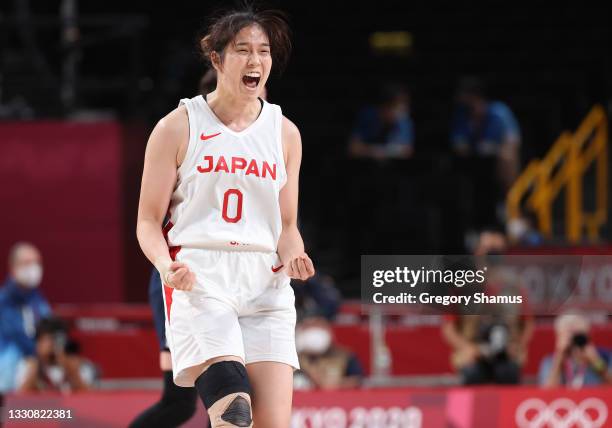 Moeko Nagaoka of Team Japan celebrates against France during a Women's Preliminary Round Group B game on day four of the Tokyo 2020 Olympic Games at...