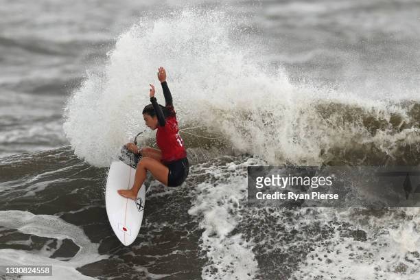 Amuro Tsuzuki of Team Japan surfs during the women's Quarter Final on day four of the Tokyo 2020 Olympic Games at Tsurigasaki Surfing Beach on July...
