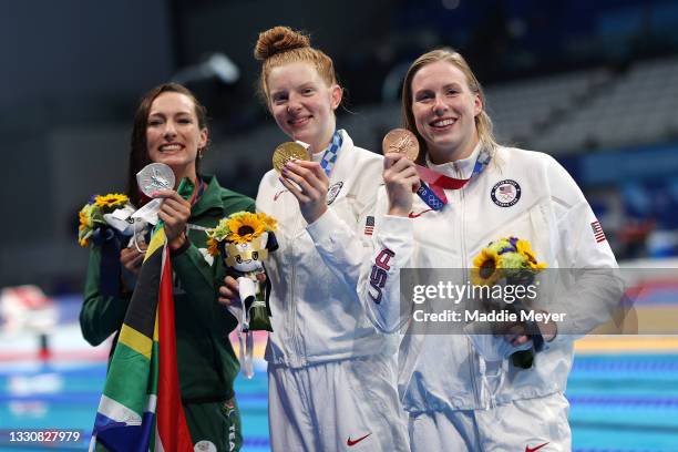 Silver medalist Tatjana Schoenmaker of Team South Africa, gold medalist Lydia Jacoby of Team United States and bronze medalist Lilly King of Team...