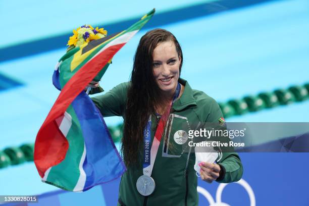 Tatjana Schoenmaker of Team South Africa poses with the silver medal for the Women's 100m Breaststroke Final on day four of the Tokyo 2020 Olympic...