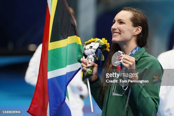 Tatjana Schoenmaker of Team South Africa poses with the silver medal for the Women's 100m Breaststroke Final on day four of the Tokyo 2020 Olympic...