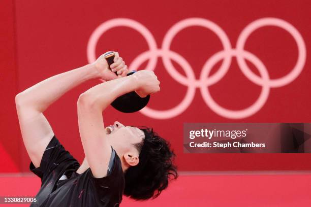 Jeoung Youngsik of Team South Korea reacts during his Men's Singles Round 3 match on day four of the Tokyo 2020 Olympic Games at Tokyo Metropolitan...