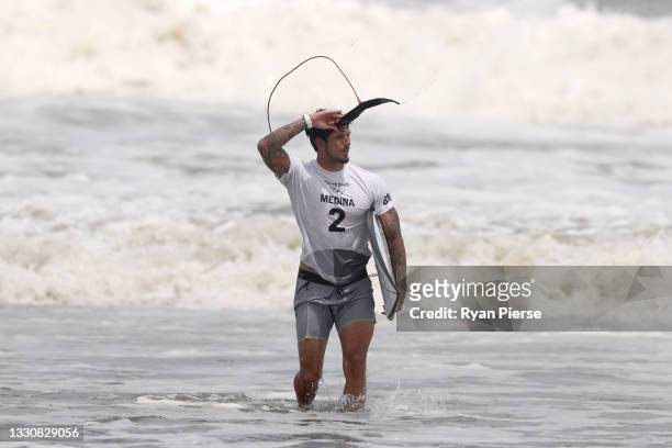 Gabriel Medina of Team Brazil shows disappointment after losing his mens's semi final on day four of the Tokyo 2020 Olympic Games at Tsurigasaki...