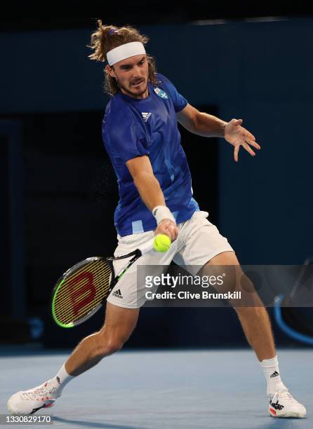 Stefanos Tsitsipas of Team Greece plays a forehand during his Men's Singles Second Round match against Frances Tiafoe of Team USA on day four of the...