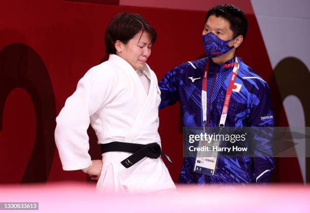 Miku Tashiro of Team Japan is dejected after she was defeated by Agata Ozdoba-Blach of Team Poland during the Women’s Judo 63kg Elimination Round 16...