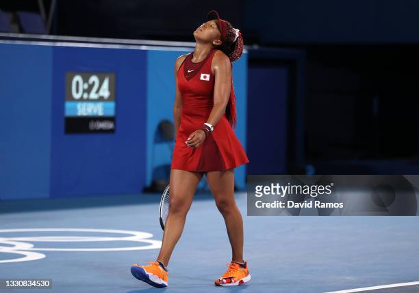 Naomi Osaka of Team Japan reacts after a point during her Women's Singles Third Round match against Marketa Vondrousova of Team Czech Republic on day...