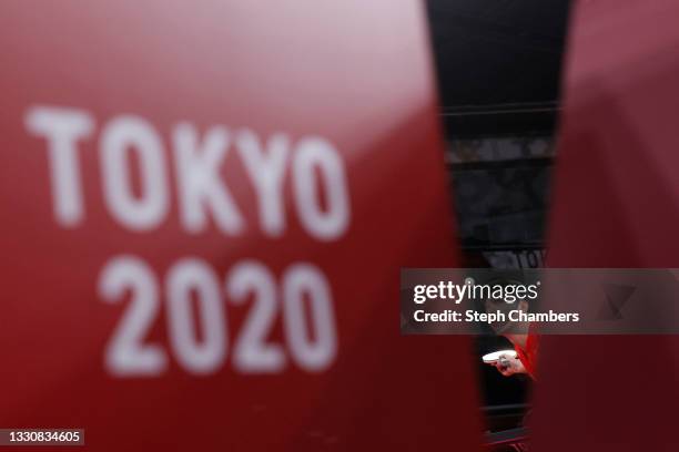 Ma Long of Team China serves the ball during his Men's Singles Round 3 match on day four of the Tokyo 2020 Olympic Games at Tokyo Metropolitan...