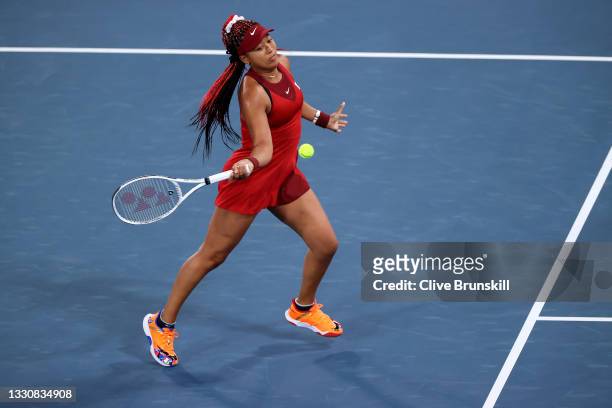 Naomi Osaka of Team Japan plays a forehand during her Women's Singles Third Round match against Marketa Vondrousova of Team Czech Republic on day...