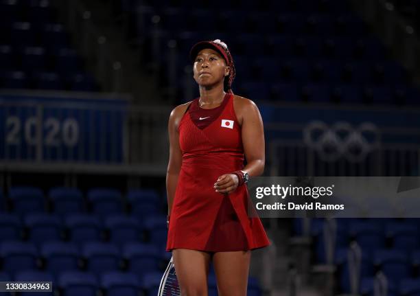 Naomi Osaka of Team Japan prepares to serve during her Women's Singles Third Round match against Marketa Vondrousova of Team Czech Republic on day...