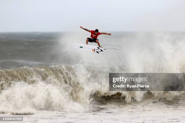 Italo Ferreira of Team Brazil surfs during the shows emotion after riding a wave during the mi-final against Owen Wright of Team Australia on day...