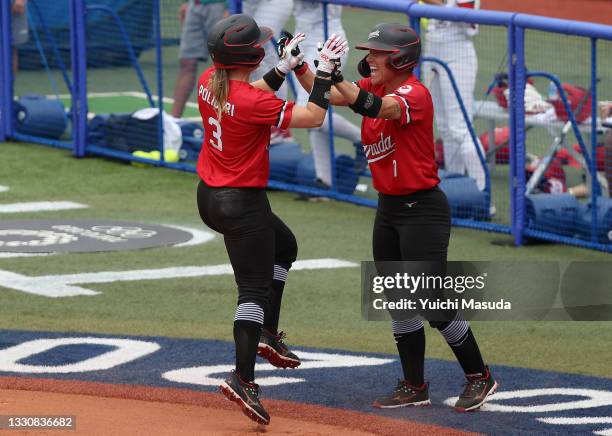 Erika Polidori and Jennifer Salling of Team Canada celebrate after scoring in the second inning during the women's bronze medal softball game between...