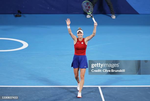 Marketa Vondrousova of Team Czech Republic celebrates after match point during her Women's Singles Third Round match against Naomi Osaka of Team...