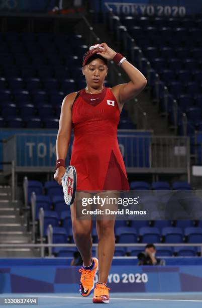 Naomi Osaka of Team Japan prepares to receive serve during her Women's Singles Third Round match against Marketa Vondrousova of Team Czech Republic...